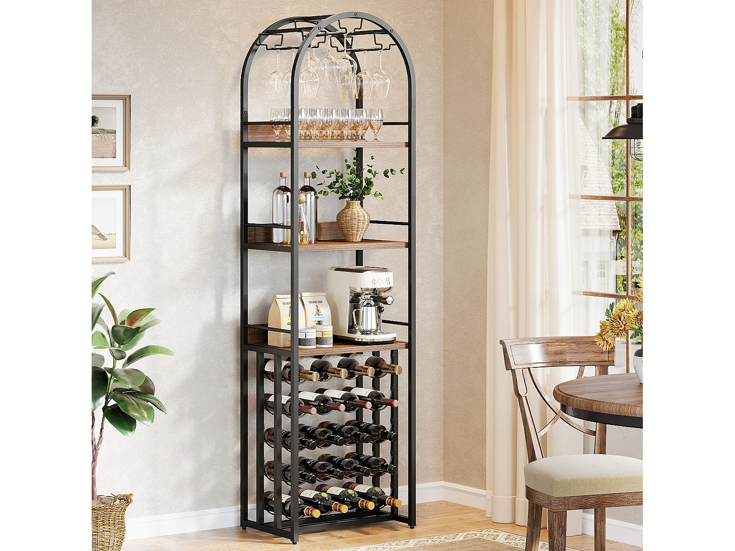 stojak na wino, stojak na butelki, metalowy stojak na wino z uchwytem na kieliszki i miejscem do przechowywania wina w piwnicy, barze