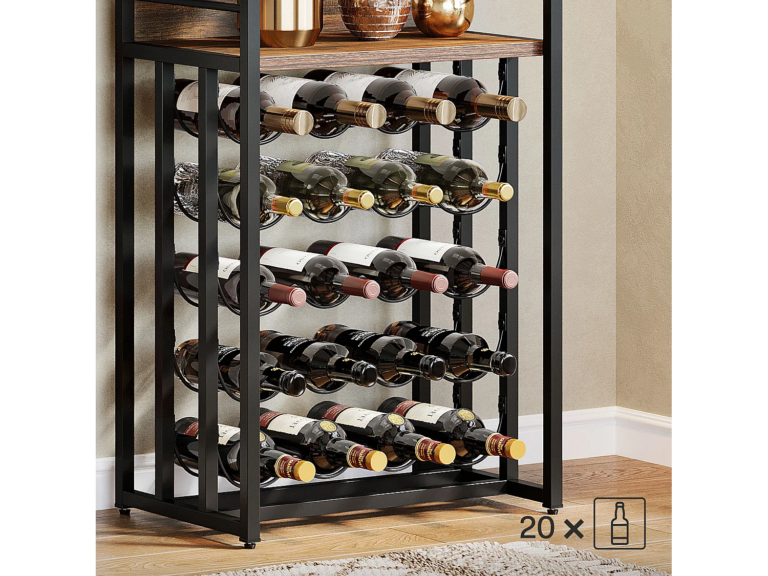 stojak na wino, stojak na butelki, metalowy stojak na wino z uchwytem na kieliszki i miejscem do przechowywania wina w piwnicy, barze