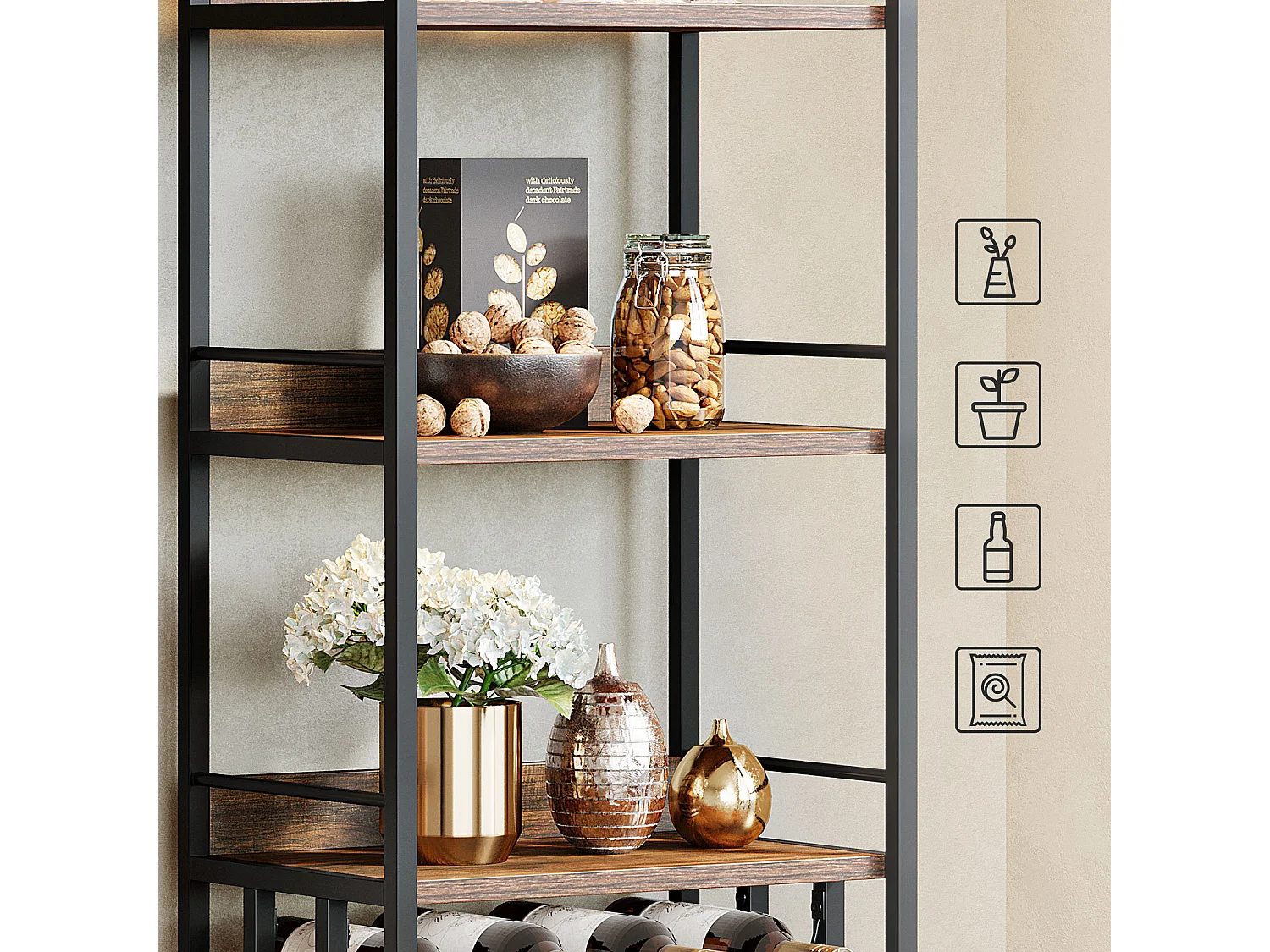 stojak na wino, stojak na butelki, metalowy stojak na wino z uchwytem na kieliszki i miejscem do przechowywania wina w piwnicy, barze