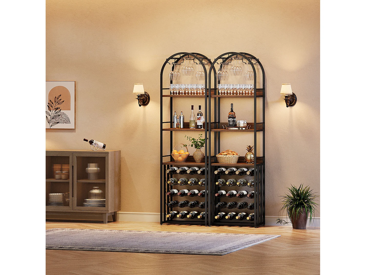 stojak na wino, stojak na butelki, metalowy stojak na wino z uchwytem na kieliszki i miejscem do przechowywania wina w piwnicy, barze