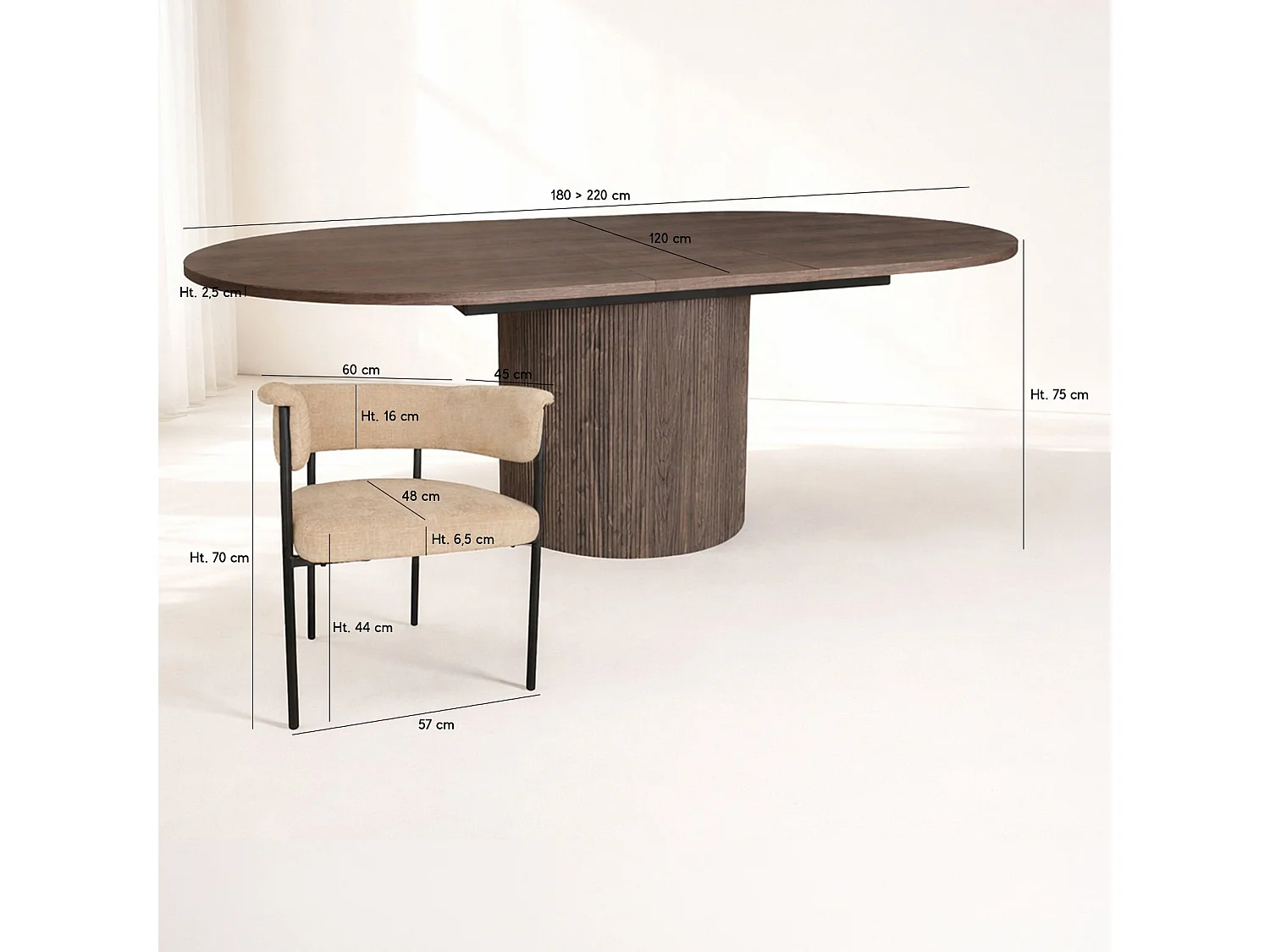 Now's Home - Ensemble Table Extensibl 180/220cm Mdf+6fauteuils Tissu Beige Colette