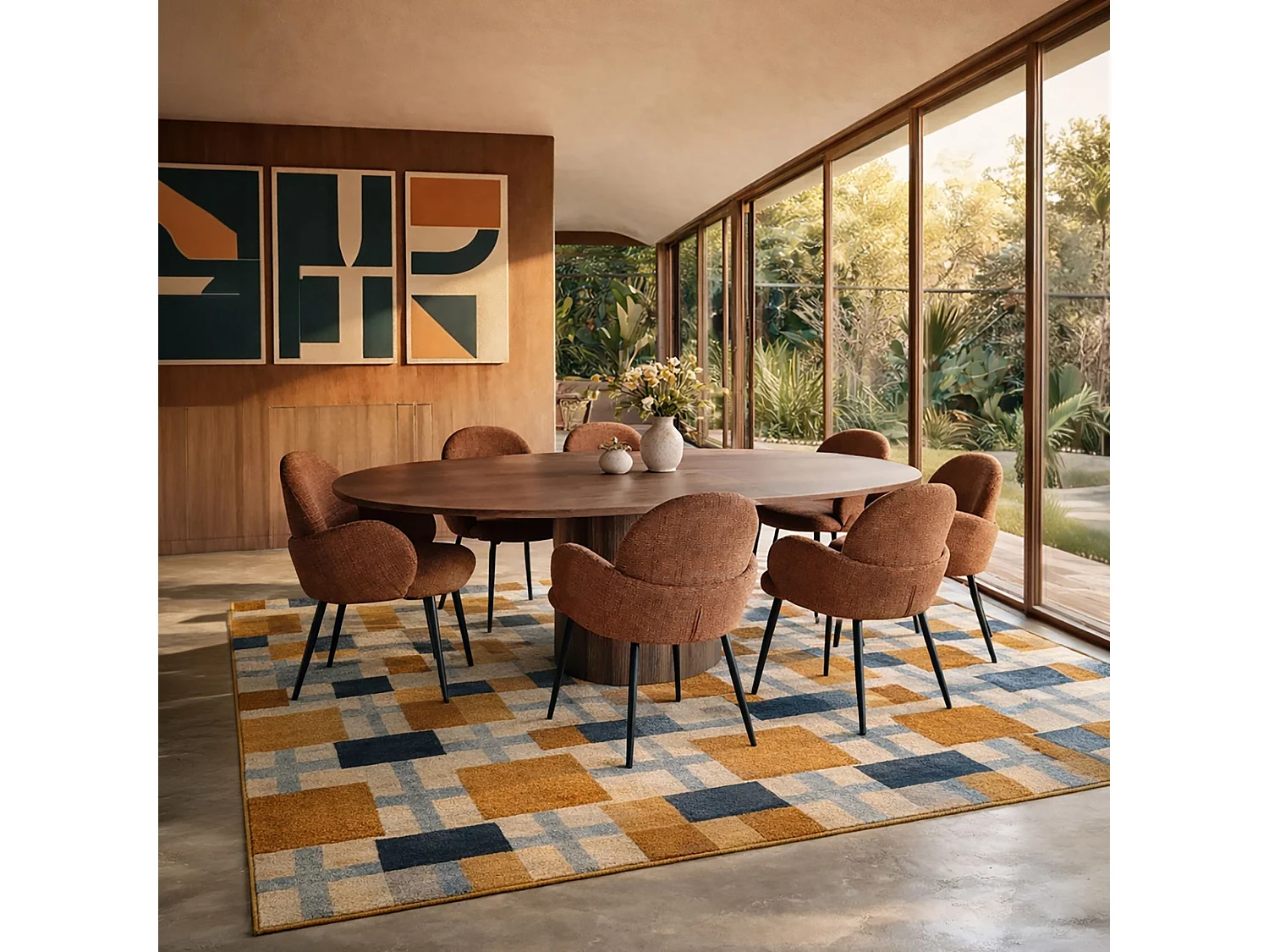 Now's Home - Ensemble Table Extensibl 180/220cm +6fauteuils Tissu Terracotta Ginette