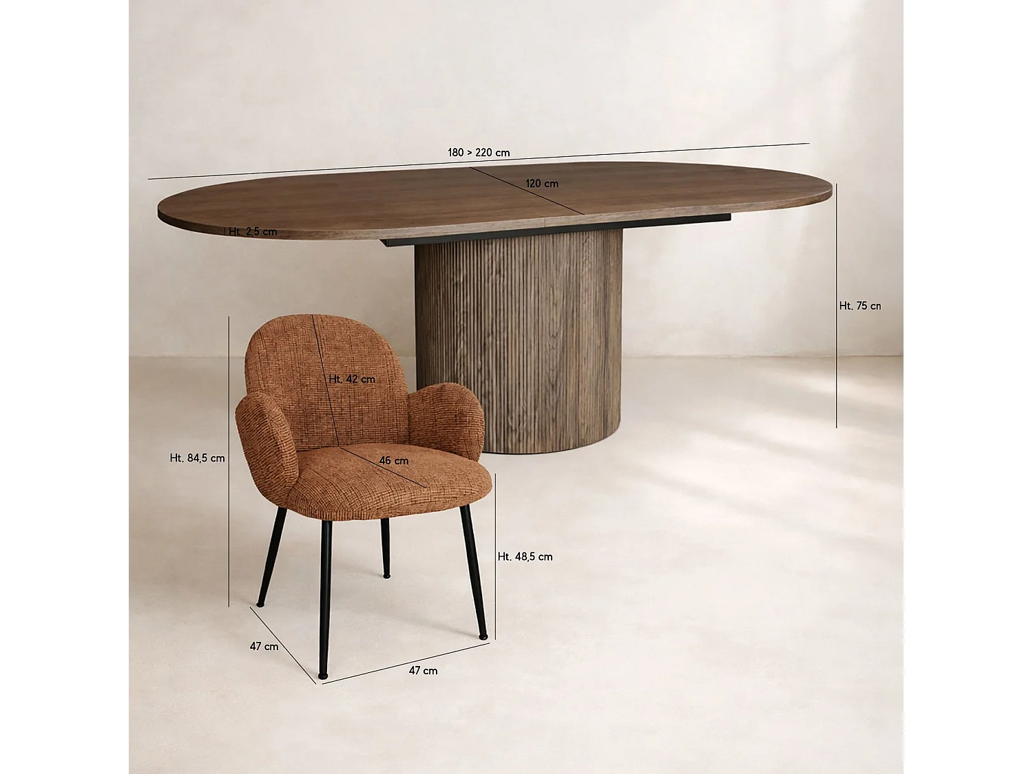 Now's Home - Ensemble Table Extensibl 180/220cm +6fauteuils Tissu Terracotta Ginette