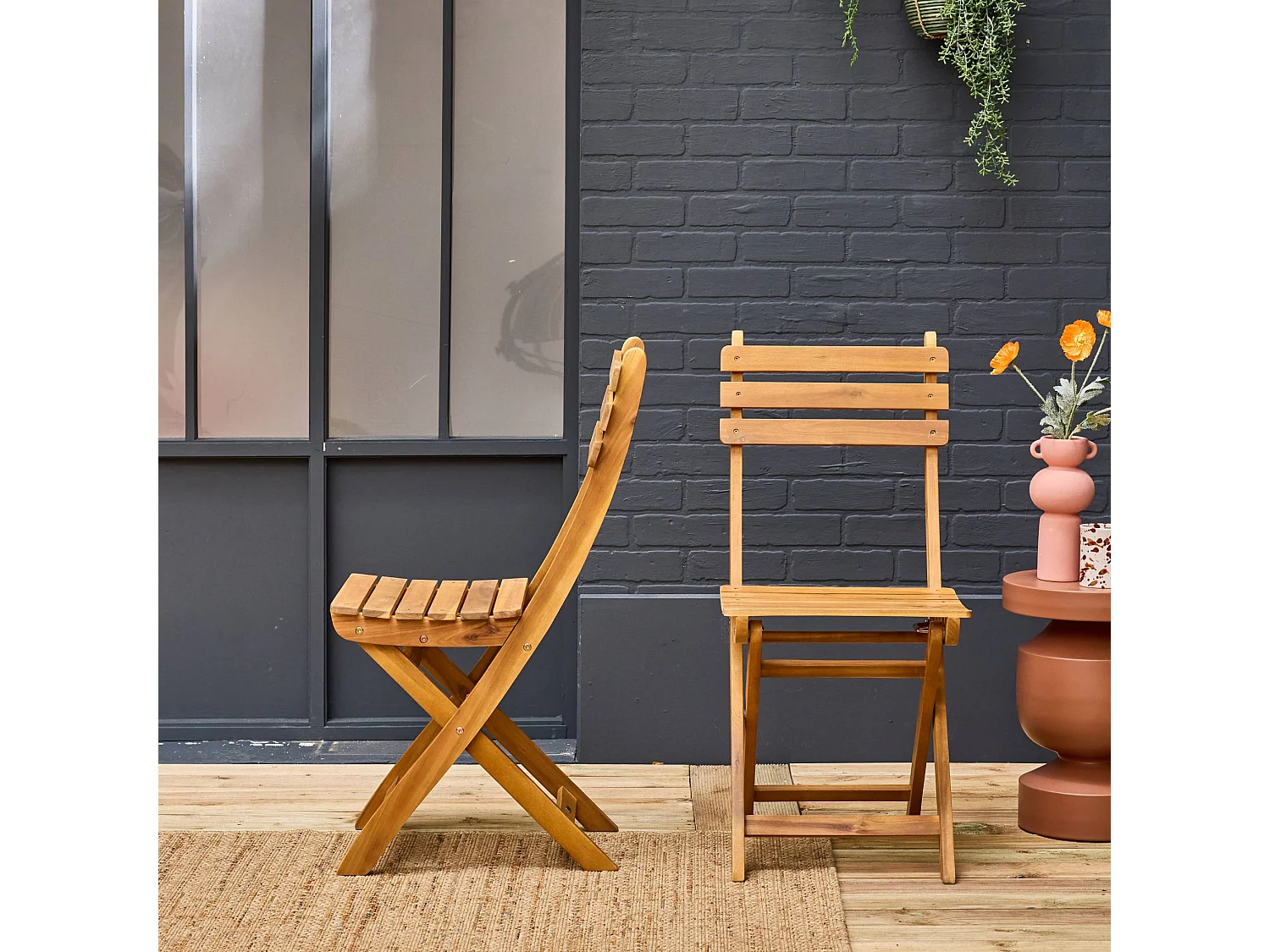 Set 2 sedie da giardino pieghevole in acacia, marrone naturale