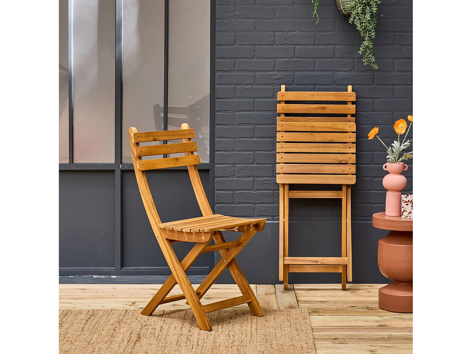 Set 2 sedie da giardino pieghevole in acacia, marrone naturale