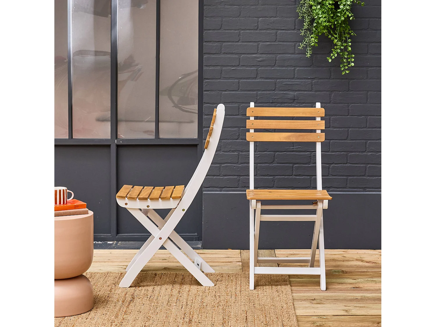 Set 2 sedie da giardino pieghevole in acacia, bianco