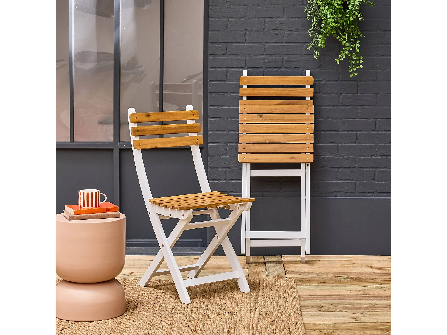 Set 2 sedie da giardino pieghevole in acacia, bianco
