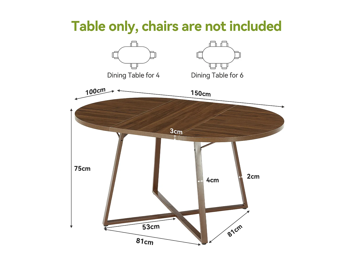 Mesa de Jantar Oval, Mesa de Jantar Moderna para 4-6 Pessoas em Espaço Pequeno (apenas a mesa)