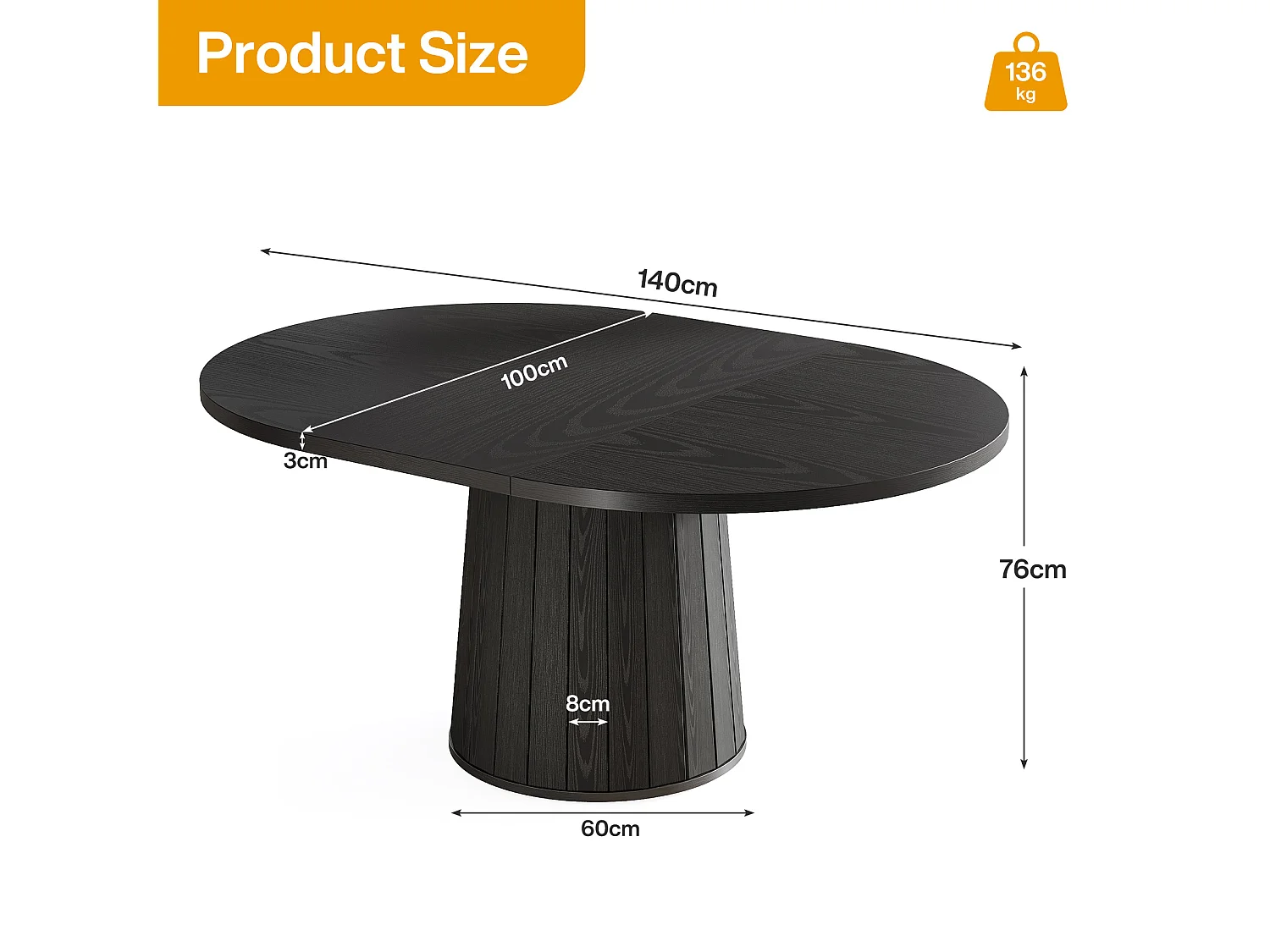 Mesa de jantar para 4-6 pessoas, 140cm, mesas de cozinha oval modernas de fazenda, preto