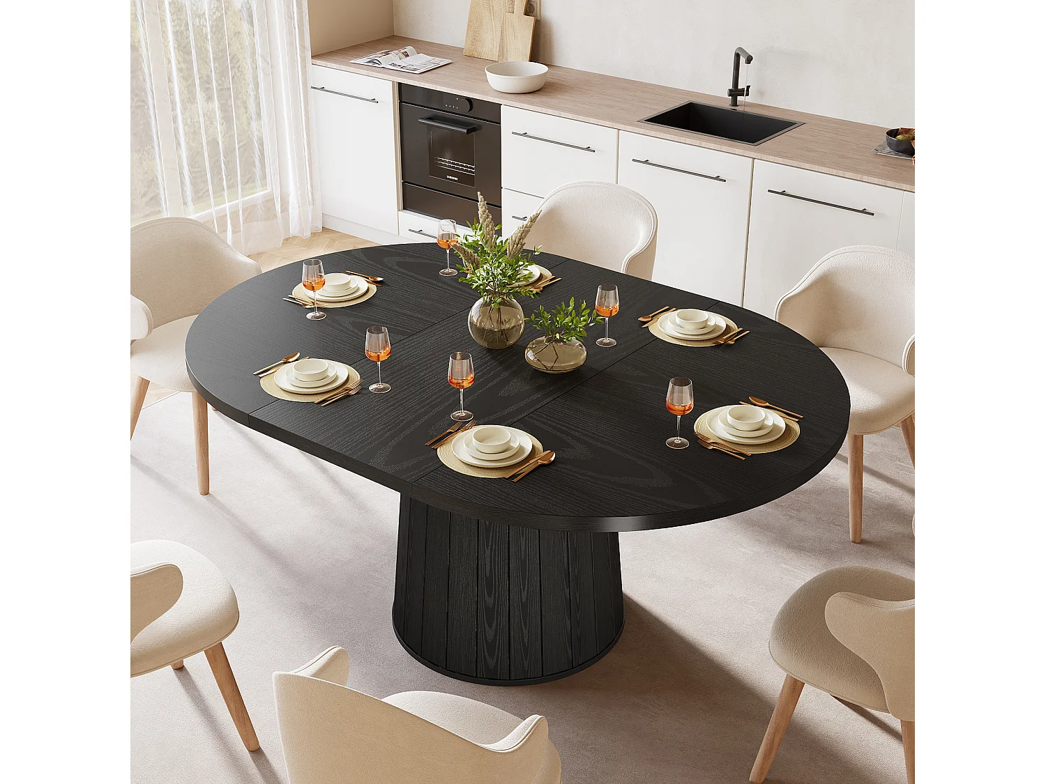 Mesa de jantar para 4-6 pessoas, 140cm, mesas de cozinha oval modernas de fazenda, preto
