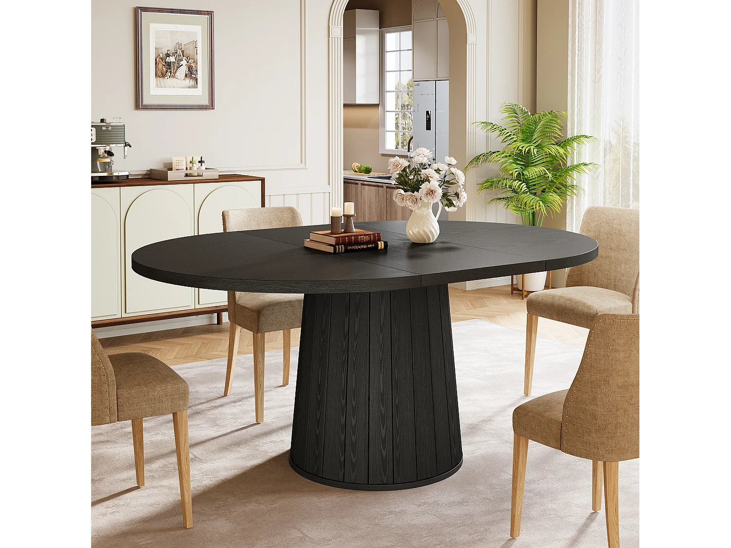 Mesa de jantar para 4-6 pessoas, 140cm, mesas de cozinha oval modernas de fazenda, preto