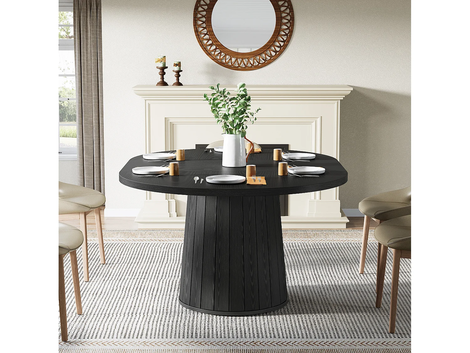 Mesa de jantar para 4-6 pessoas, 140cm, mesas de cozinha oval modernas de fazenda, preto