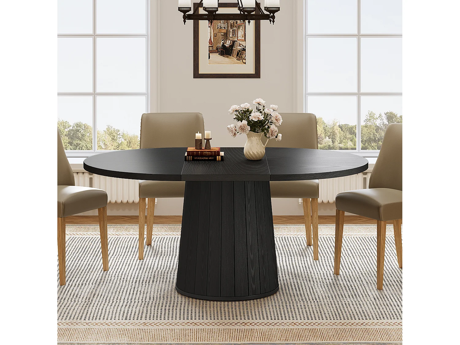 Mesa de jantar para 4-6 pessoas, 140cm, mesas de cozinha oval modernas de fazenda, preto