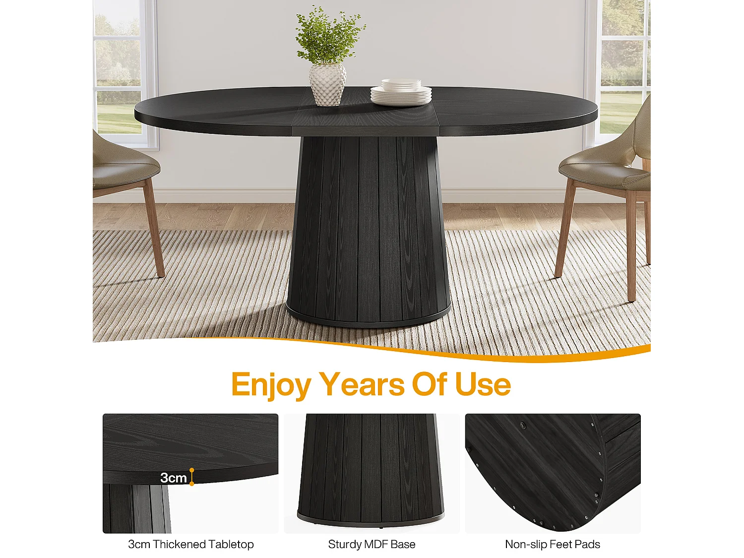 Mesa de jantar para 4-6 pessoas, 140cm, mesas de cozinha oval modernas de fazenda, preto