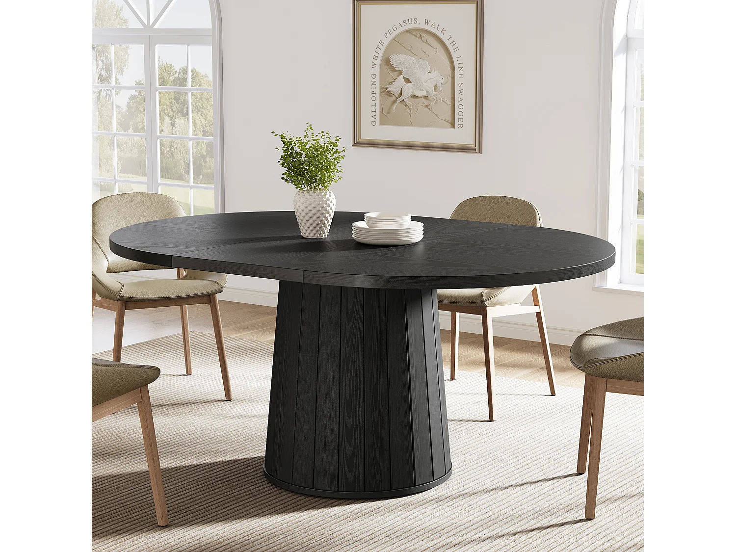 Mesa de jantar para 4-6 pessoas, 140cm, mesas de cozinha oval modernas de fazenda, preto