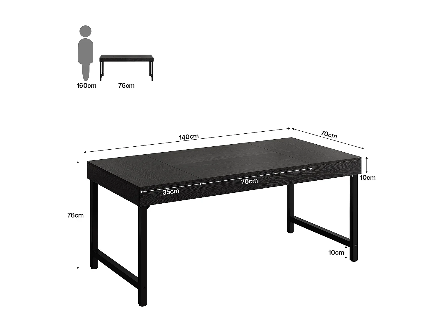 Table de salle à manger de style campagnard pour 4 à 6 personnes, 140 cm, rectangulaire, noire.