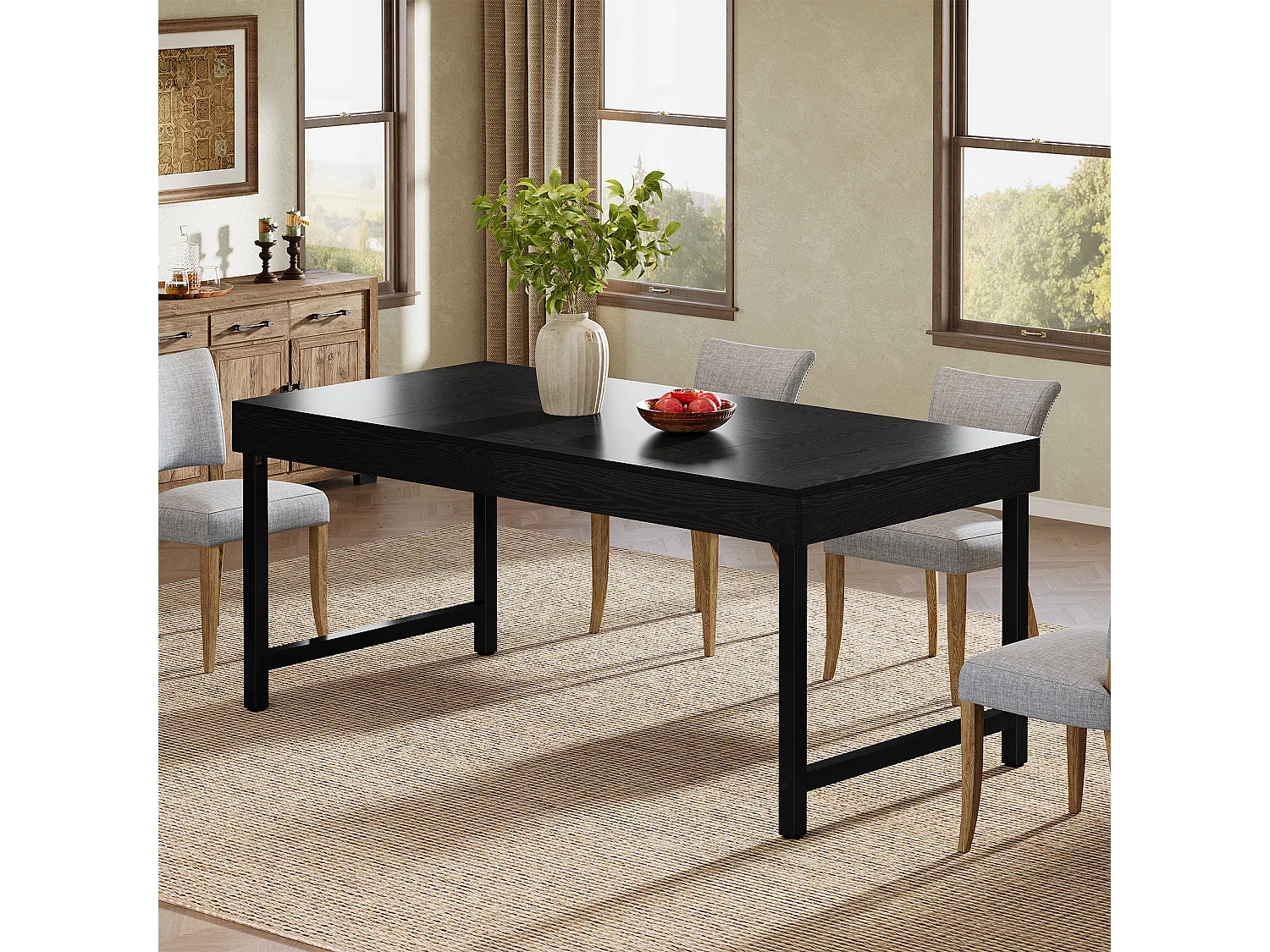 Table de salle à manger de style campagnard pour 4 à 6 personnes, 140 cm, rectangulaire, noire.