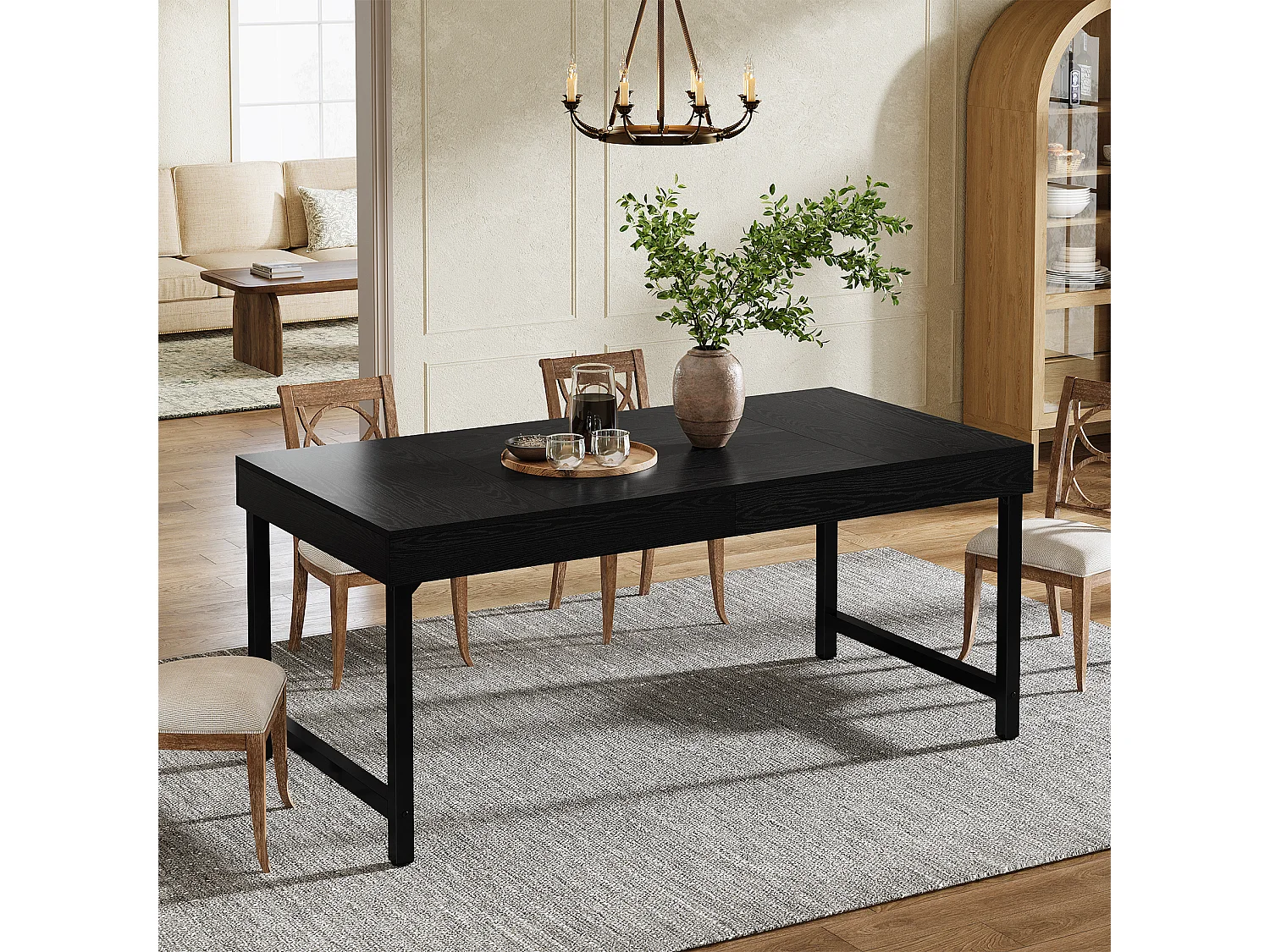 Table de salle à manger de style campagnard pour 4 à 6 personnes, 140 cm, rectangulaire, noire.