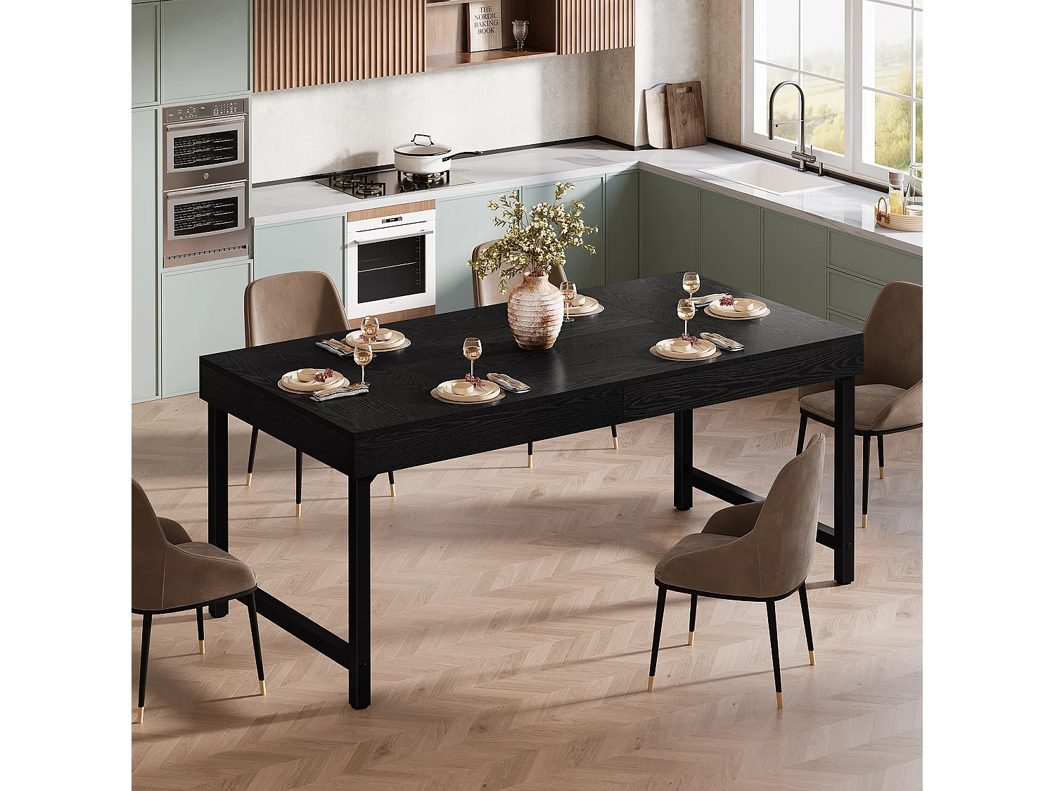 Table de salle à manger de style campagnard pour 4 à 6 personnes, 140 cm, rectangulaire, noire.