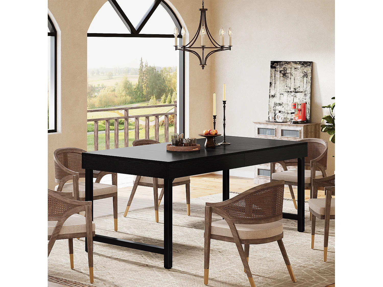 Table de salle à manger de style campagnard pour 4 à 6 personnes, 140 cm, rectangulaire, noire.