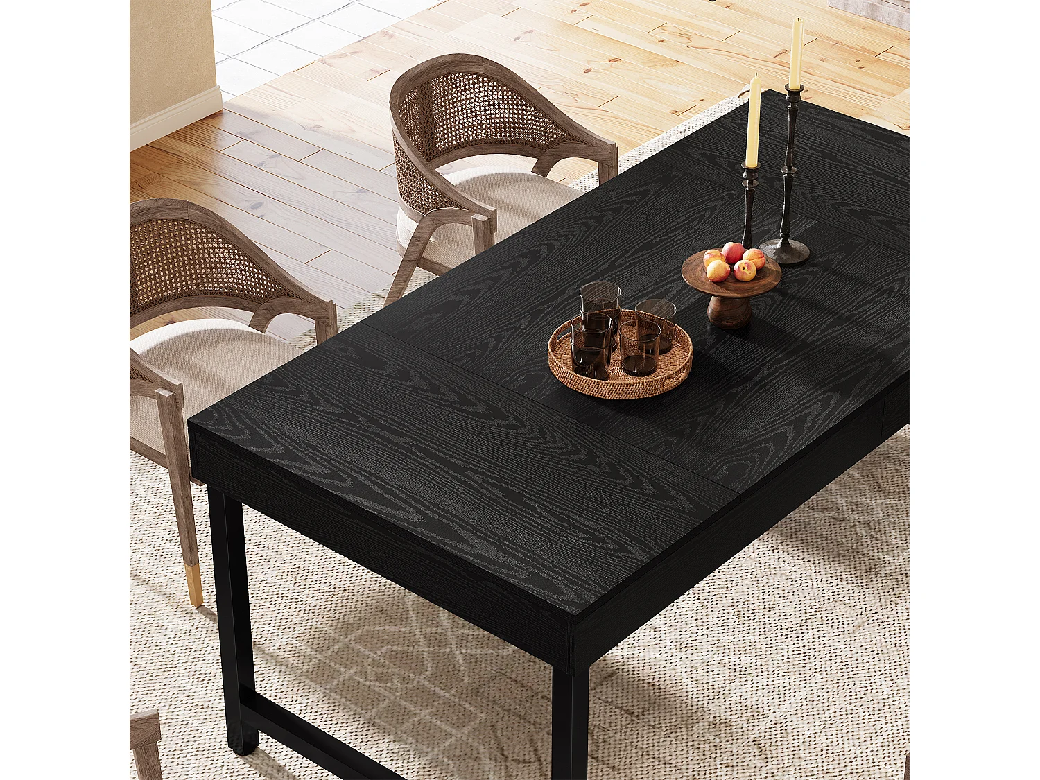 Table de salle à manger de style campagnard pour 4 à 6 personnes, 140 cm, rectangulaire, noire.