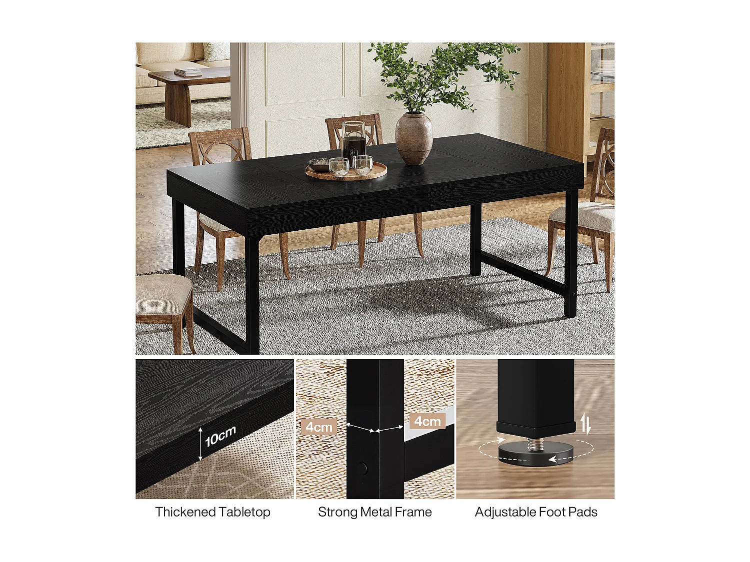 Table de salle à manger de style campagnard pour 4 à 6 personnes, 140 cm, rectangulaire, noire.