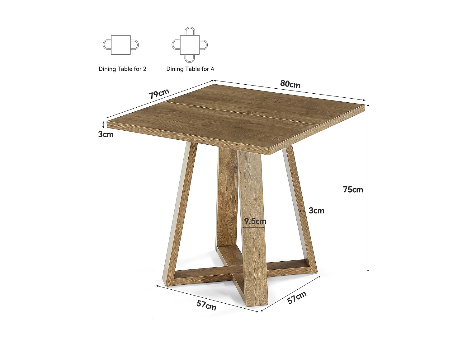 Table de salle à manger carrée pour 2 à 4 personnes, table de cuisine de style campagnard de 80 cm