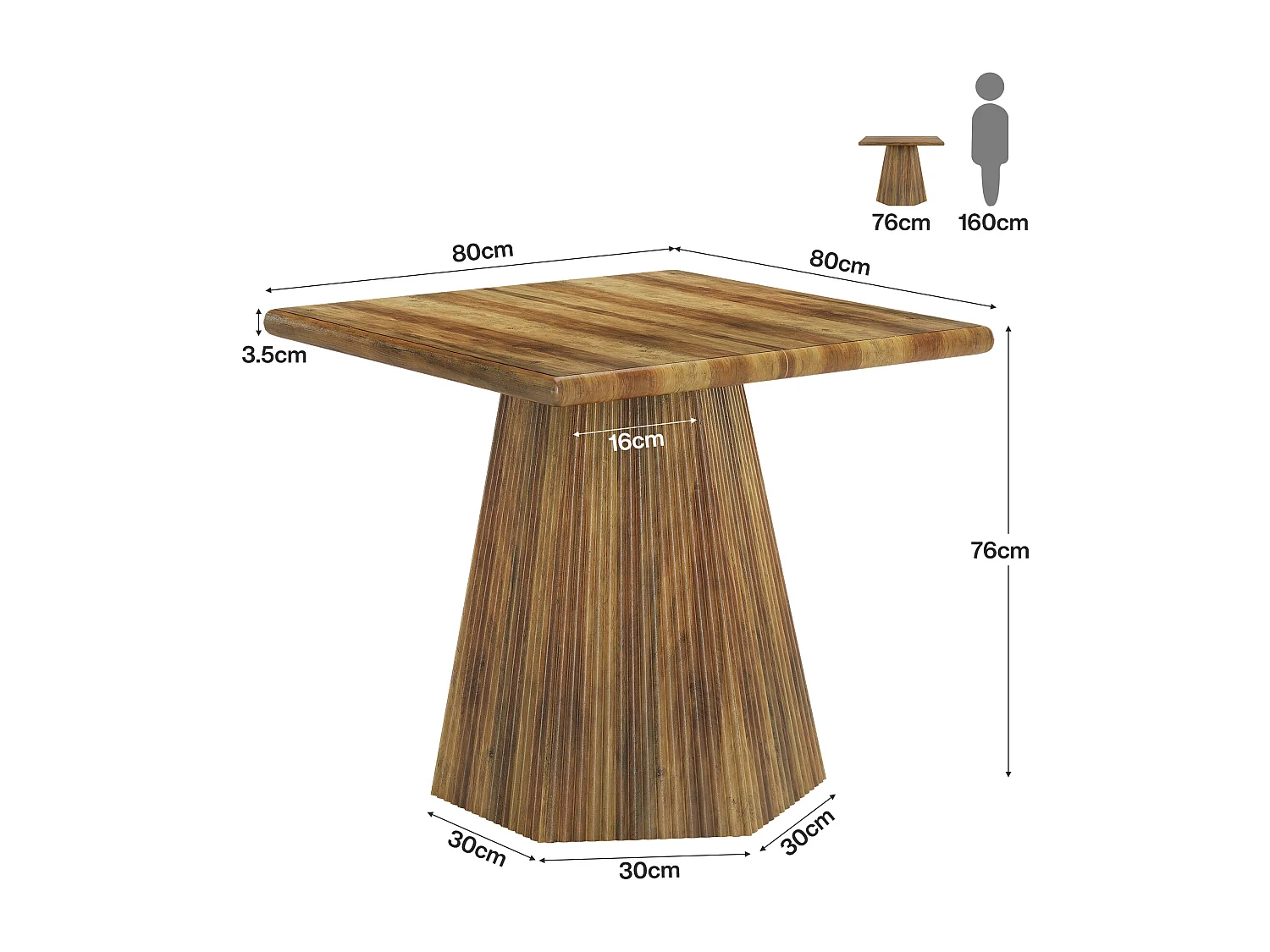 Table de salle à manger carrée pour 4 personnes, 80 cm, avec pied central robuste.