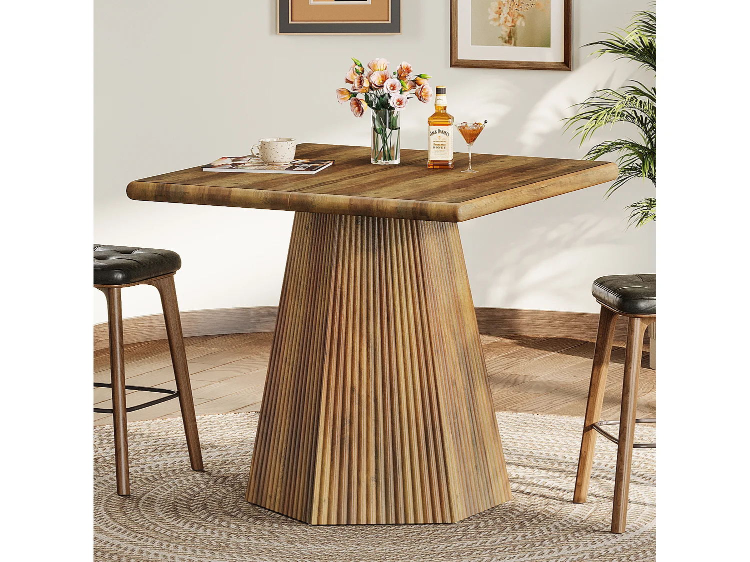 Table de salle à manger carrée pour 4 personnes, 80 cm, avec pied central robuste.