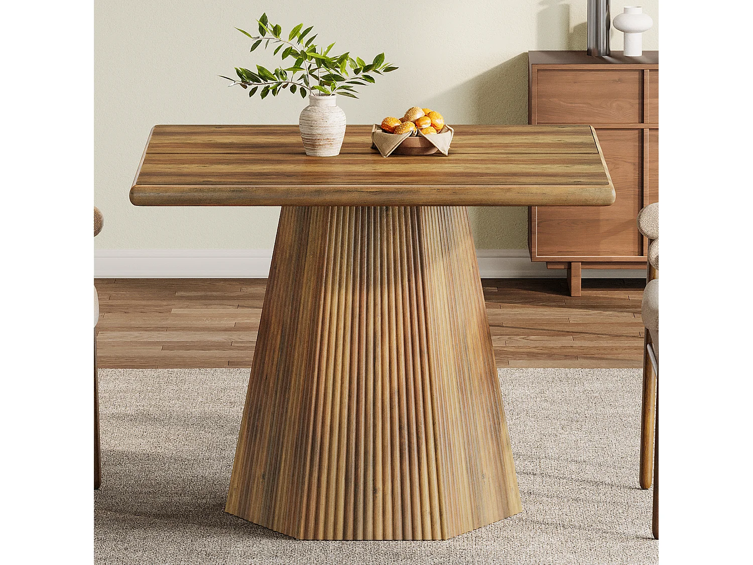 Table de salle à manger carrée pour 4 personnes, 80 cm, avec pied central robuste.