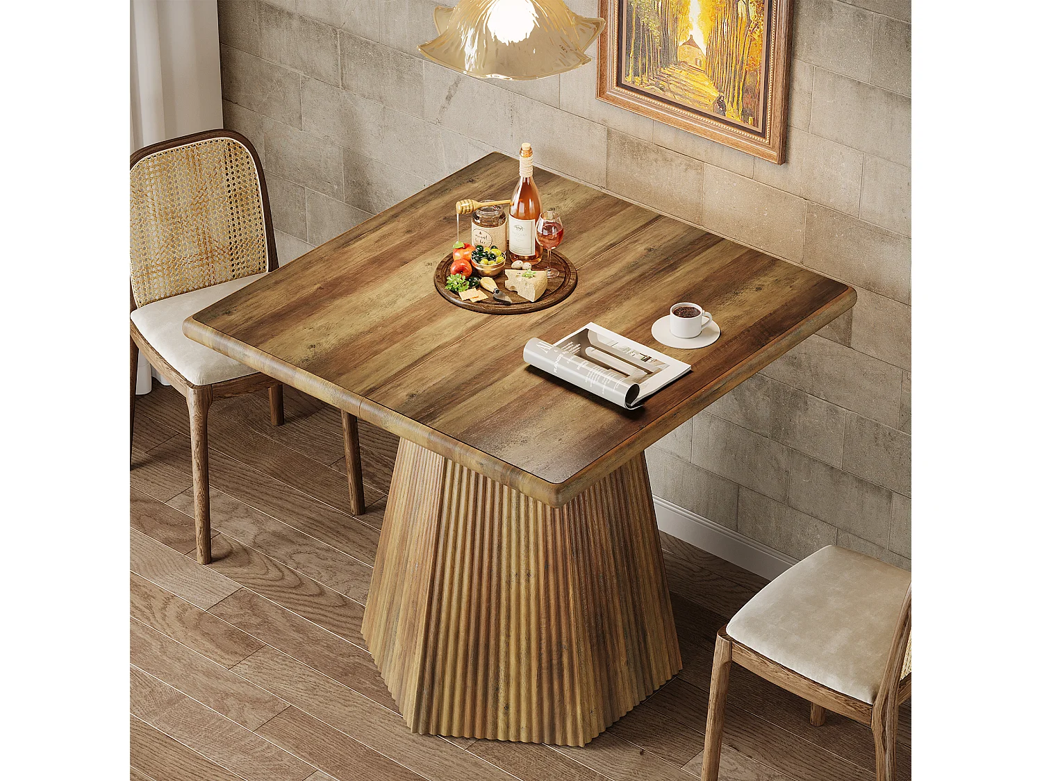 Table de salle à manger carrée pour 4 personnes, 80 cm, avec pied central robuste.
