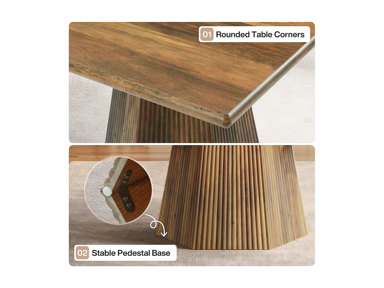 Table de salle à manger carrée pour 4 personnes, 80 cm, avec pied central robuste.