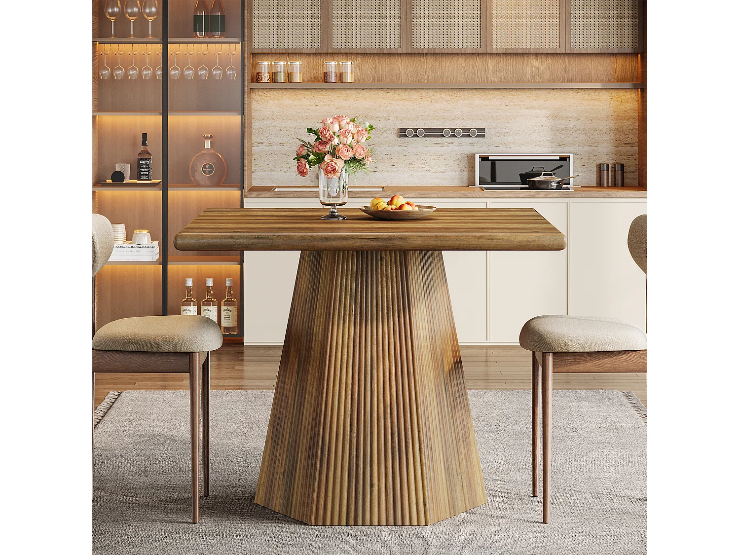 Table de salle à manger carrée pour 4 personnes, 80 cm, avec pied central robuste.