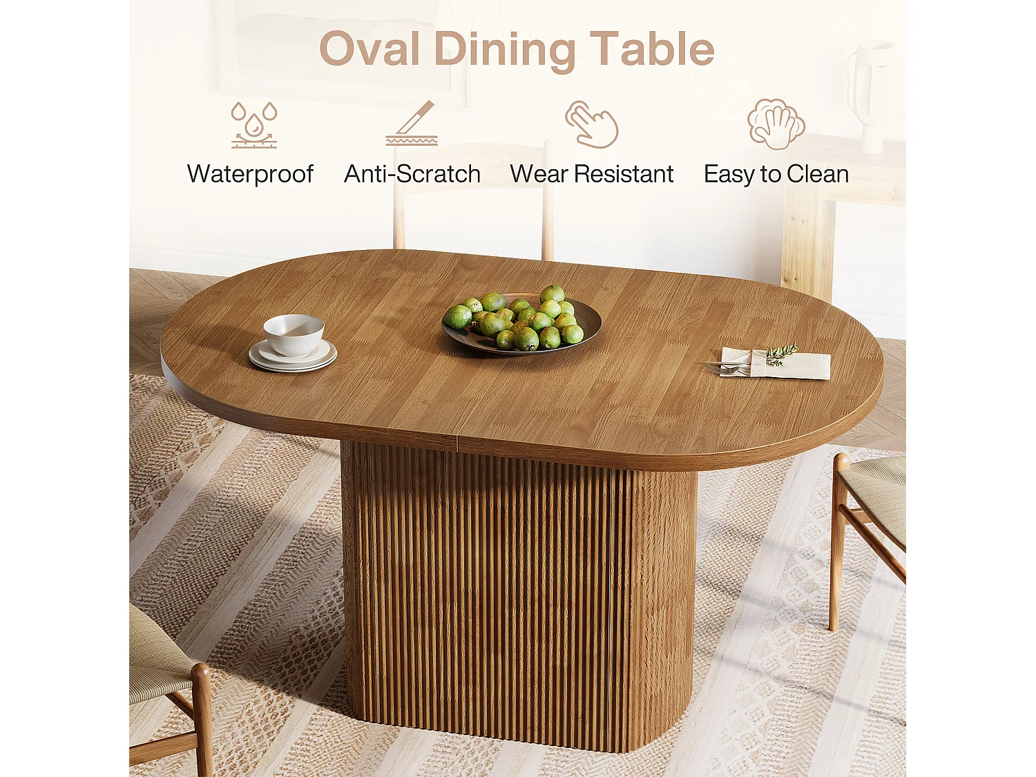 Mesa de jantar oval de 120cm para sala de jantar doméstica, mesa de cozinha rústica com base para 4 pessoas