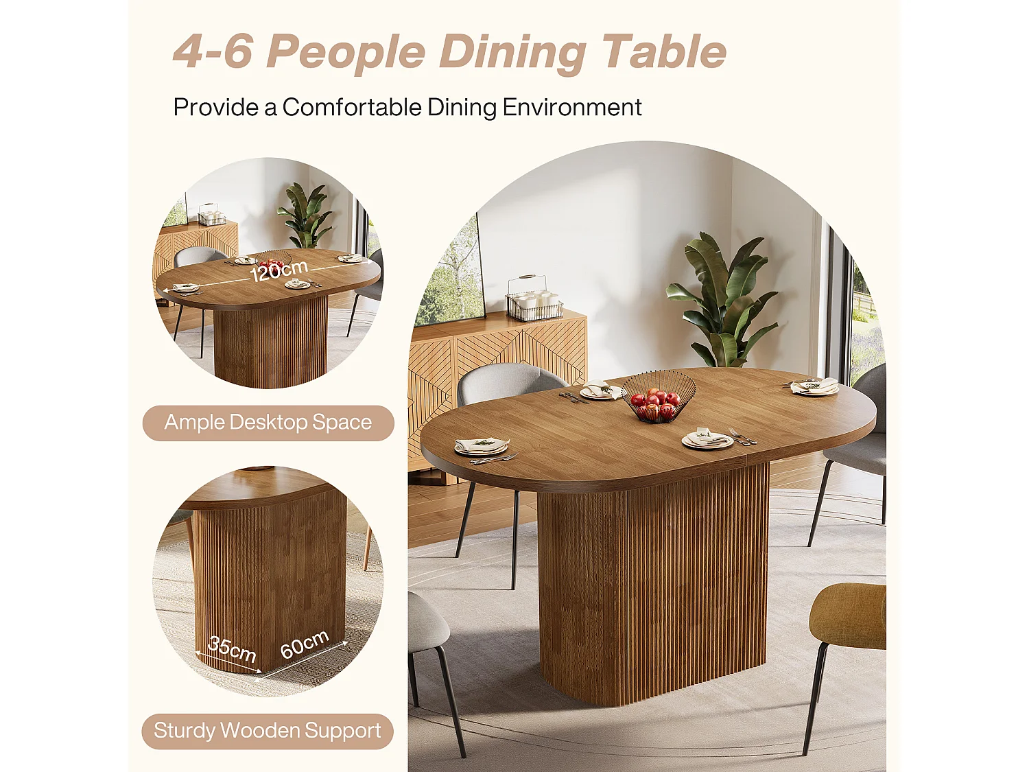 Mesa de jantar oval de 120cm para sala de jantar doméstica, mesa de cozinha rústica com base para 4 pessoas