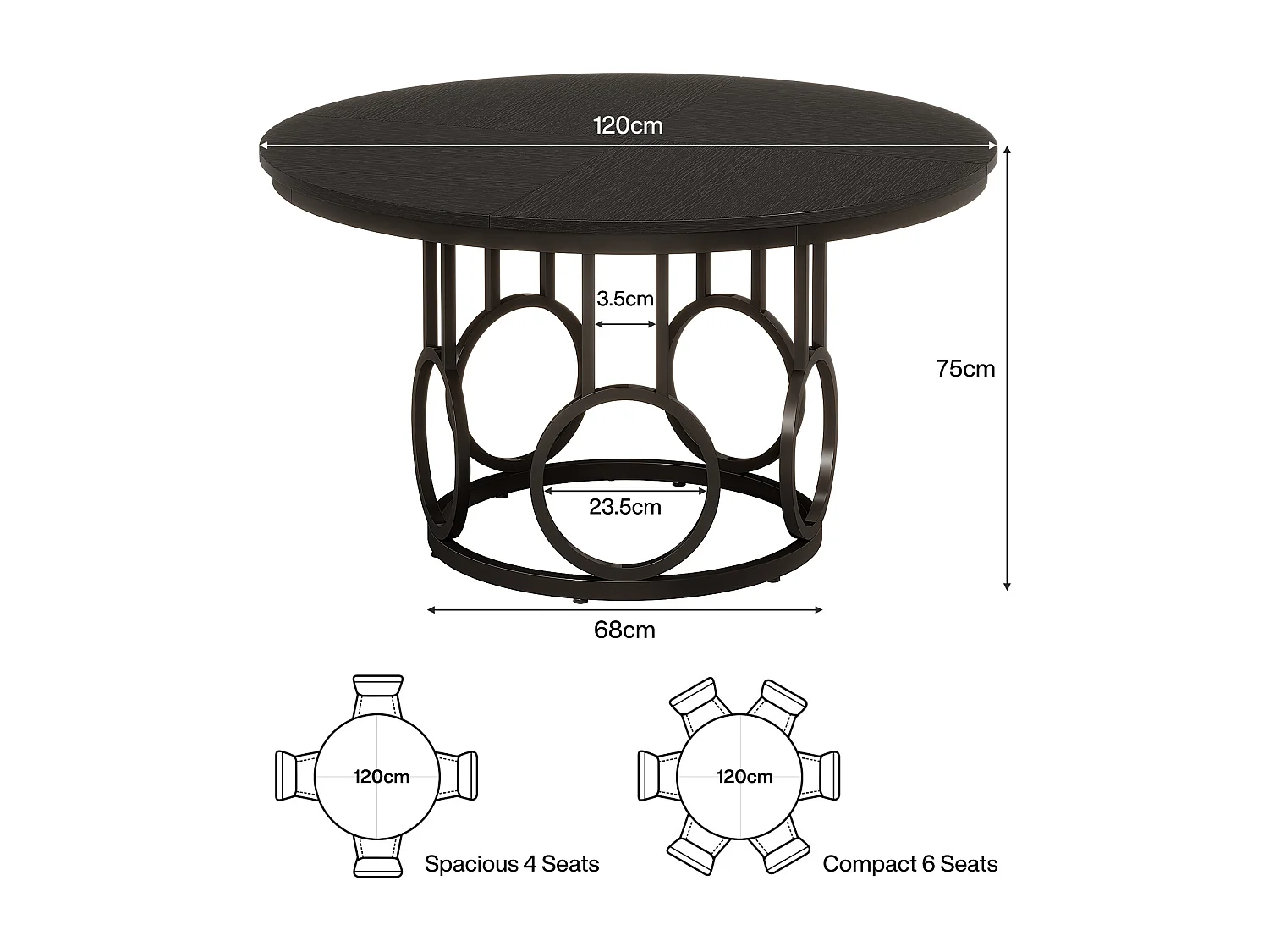 Table de salle à manger ronde, table de cuisine de 120 cm avec piètement en métal robuste pour 4 à 6 personnes