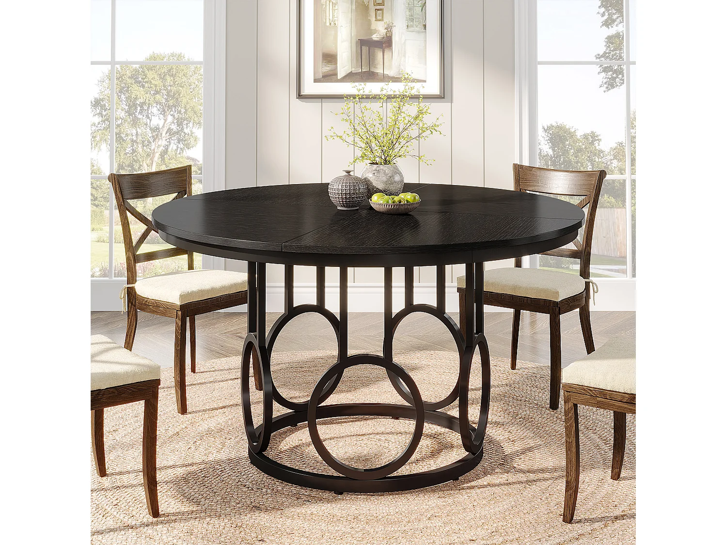 Table de salle à manger ronde, table de cuisine de 120 cm avec piètement en métal robuste pour 4 à 6 personnes