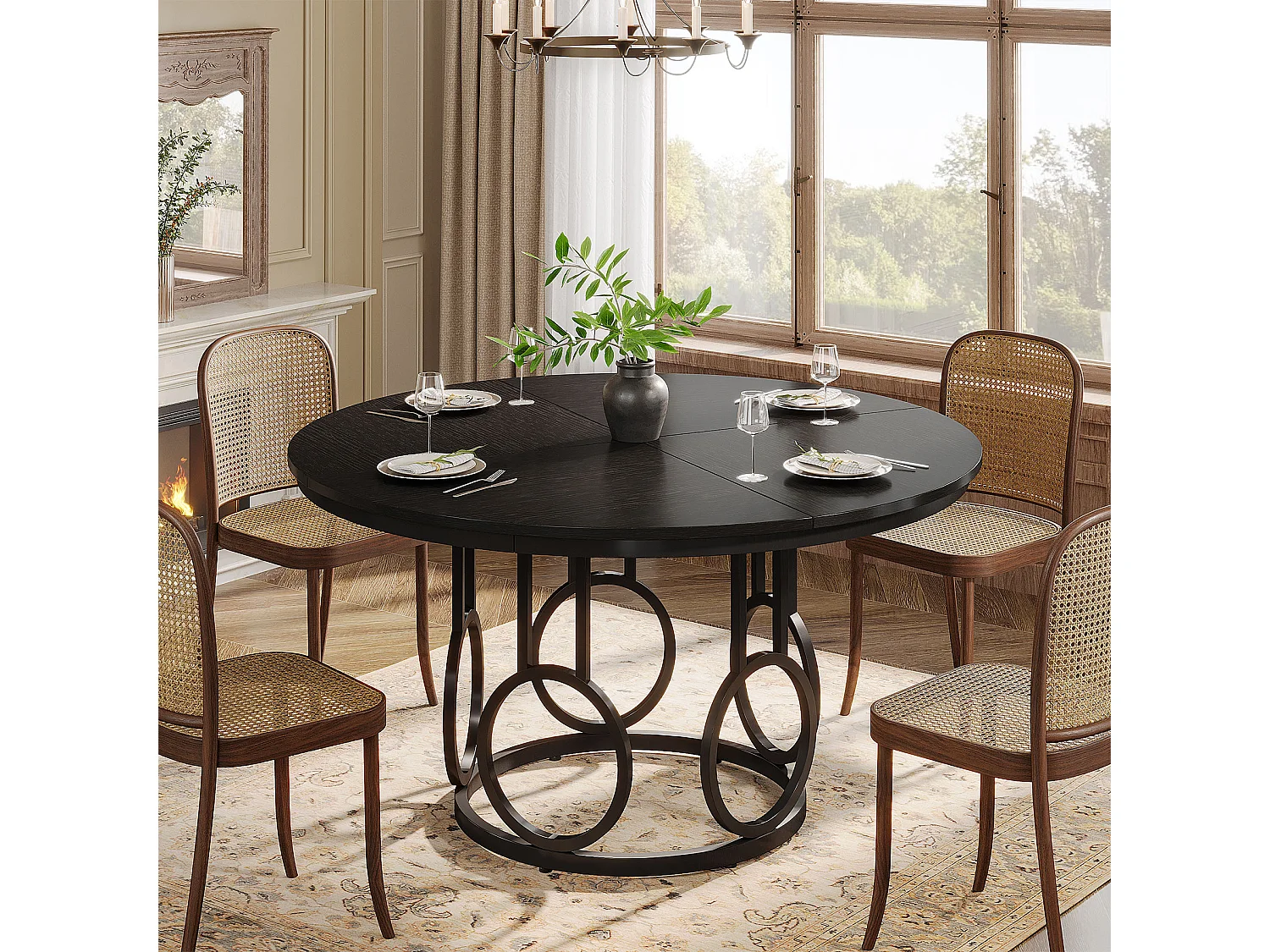 Table de salle à manger ronde, table de cuisine de 120 cm avec piètement en métal robuste pour 4 à 6 personnes