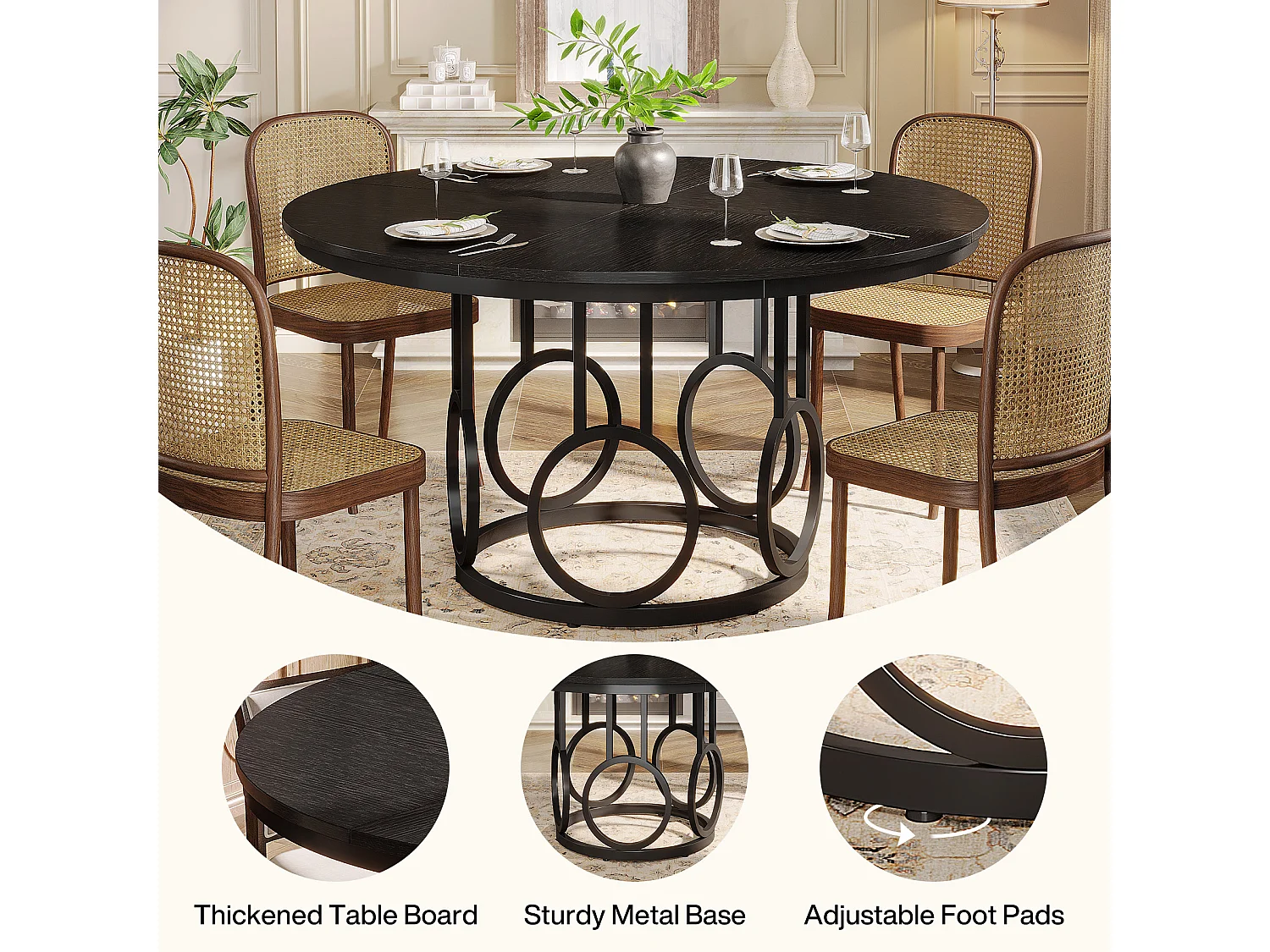 Table de salle à manger ronde, table de cuisine de 120 cm avec piètement en métal robuste pour 4 à 6 personnes