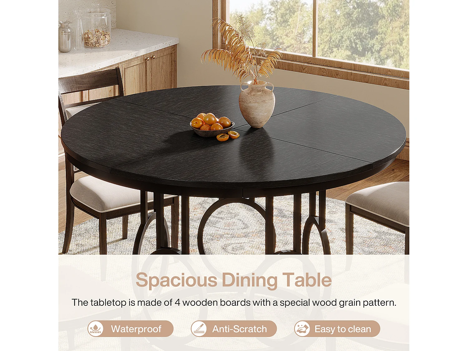 Table de salle à manger ronde, table de cuisine de 120 cm avec piètement en métal robuste pour 4 à 6 personnes