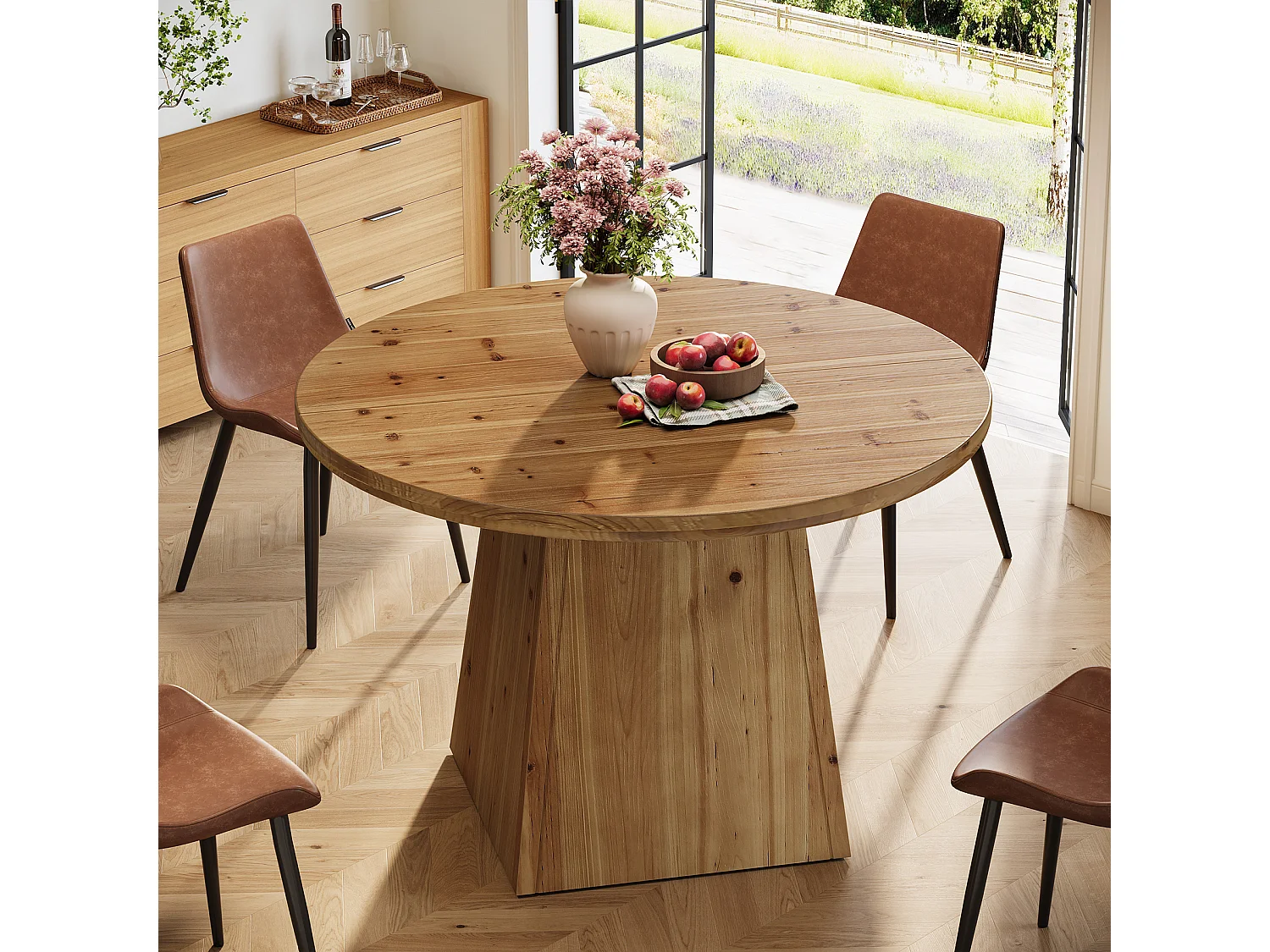 Table de salle à manger ronde en bois massif pour 4 personnes, petite table de cuisine ronde avec plateau épais et pied central robuste