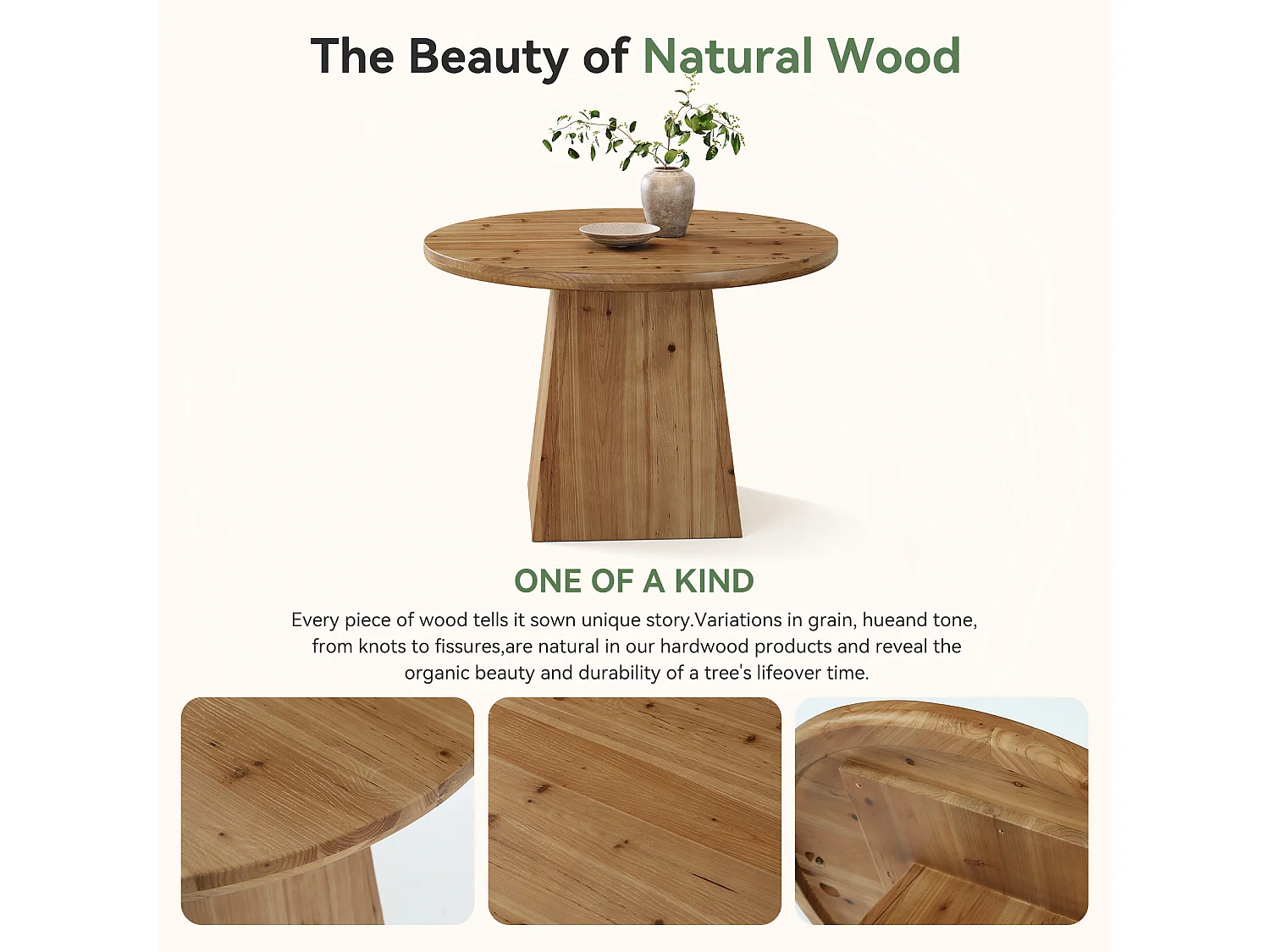 Table de salle à manger ronde en bois massif pour 4 personnes, petite table de cuisine ronde avec plateau épais et pied central robuste