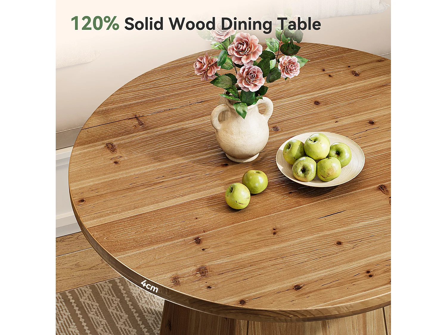 Table de salle à manger ronde en bois massif pour 4 personnes, petite table de cuisine ronde avec plateau épais et pied central robuste