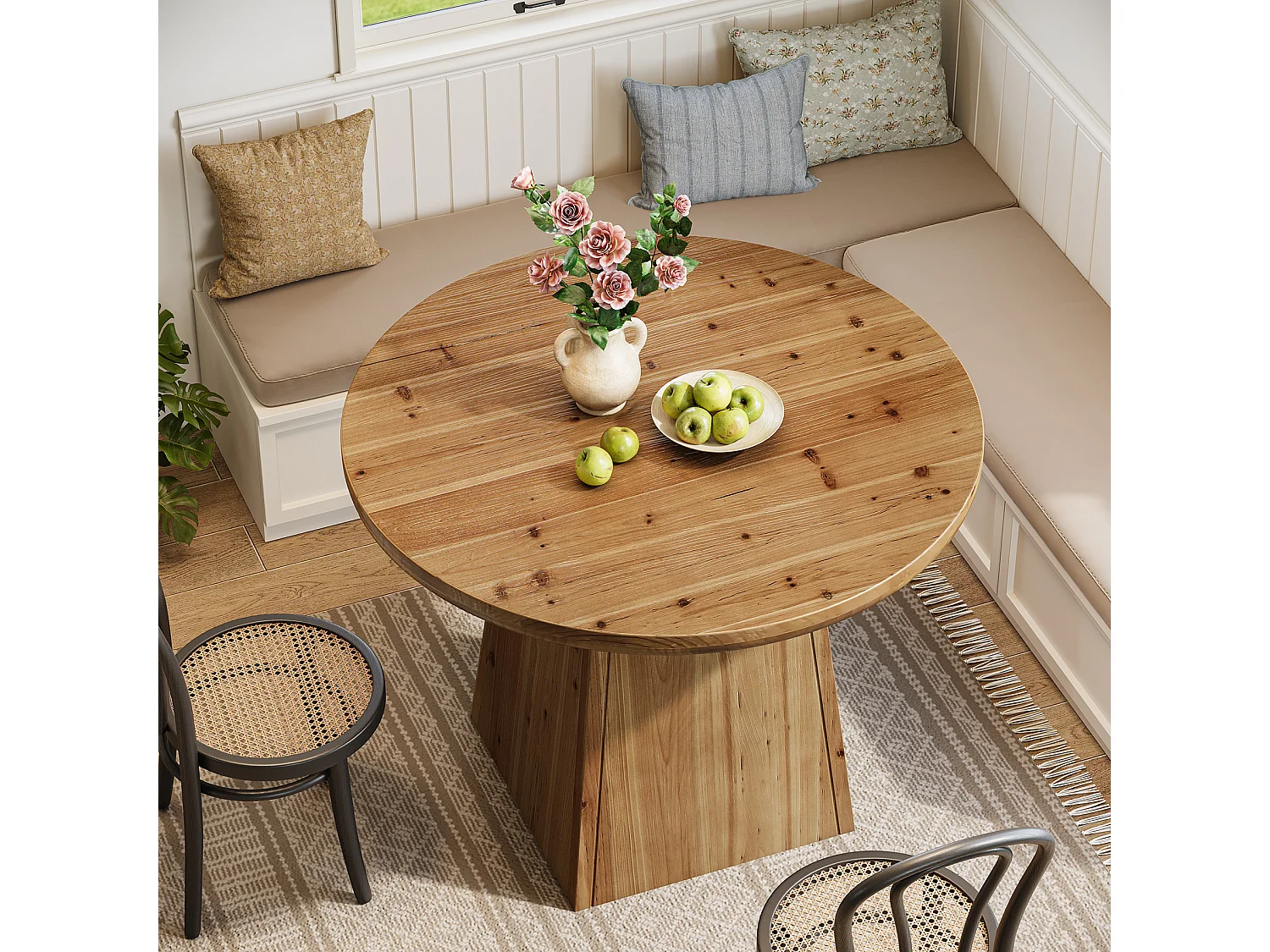 Table de salle à manger ronde en bois massif pour 4 personnes, petite table de cuisine ronde avec plateau épais et pied central robuste