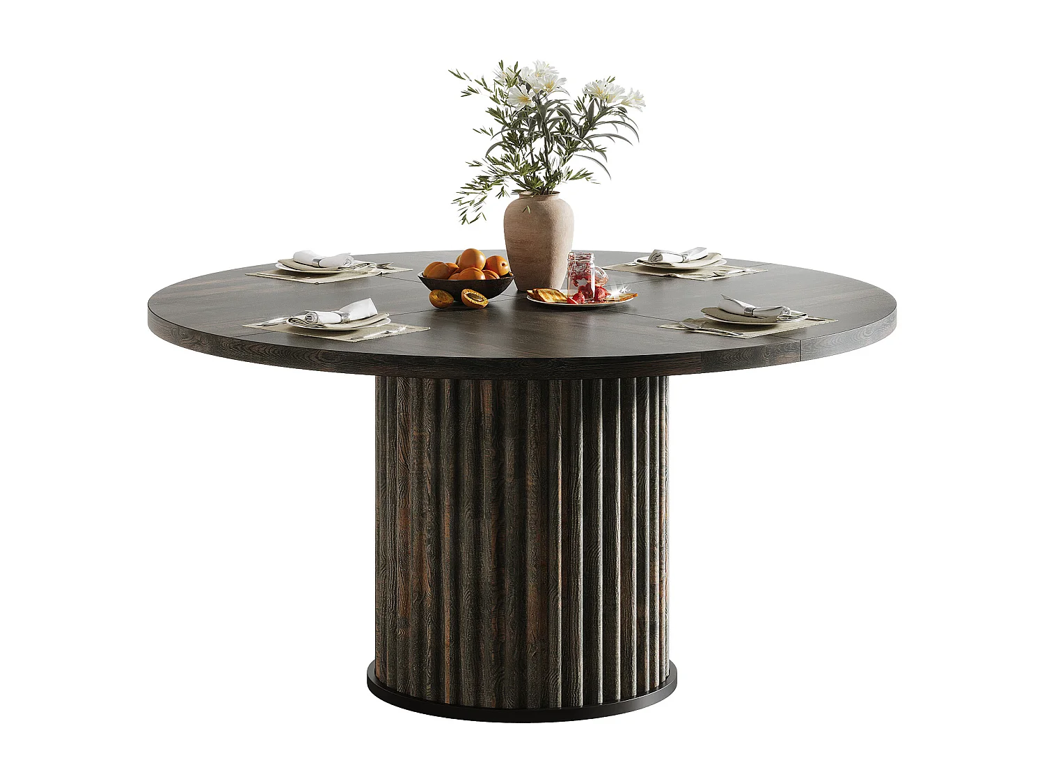 Table de salle à manger ronde pour 4 à 6 personnes, 120 cm, style moderne, avec piètement rond cannelé.