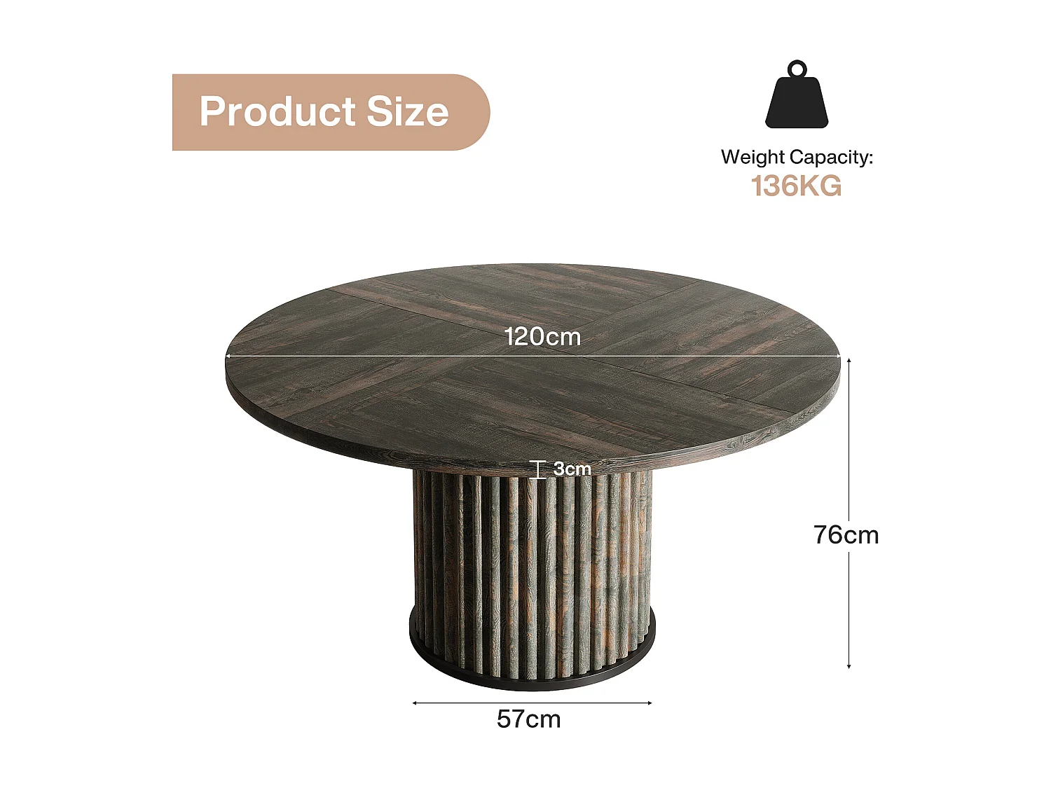 Table de salle à manger ronde pour 4 à 6 personnes, 120 cm, style moderne, avec piètement rond cannelé.