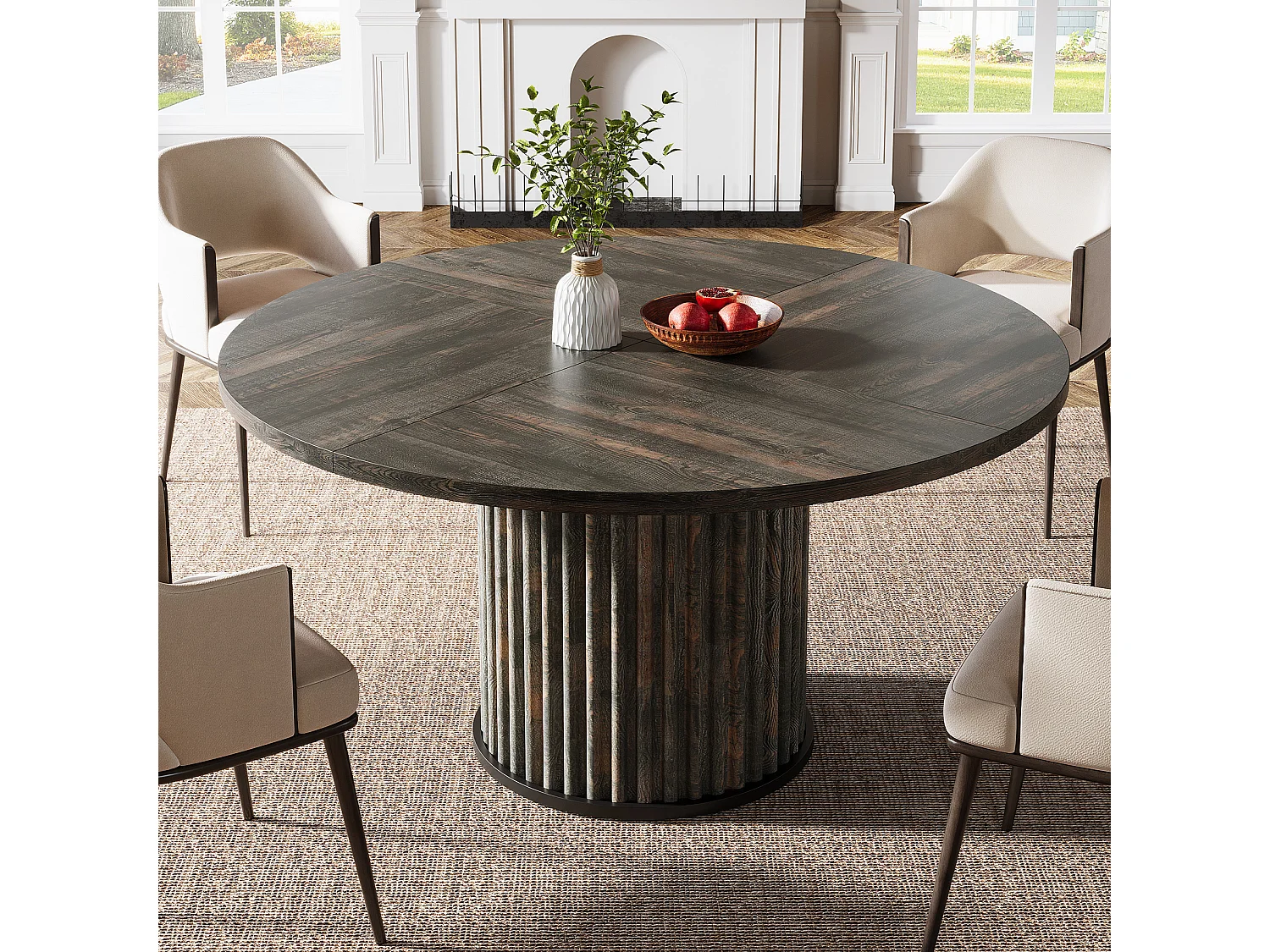 Table de salle à manger ronde pour 4 à 6 personnes, 120 cm, style moderne, avec piètement rond cannelé.