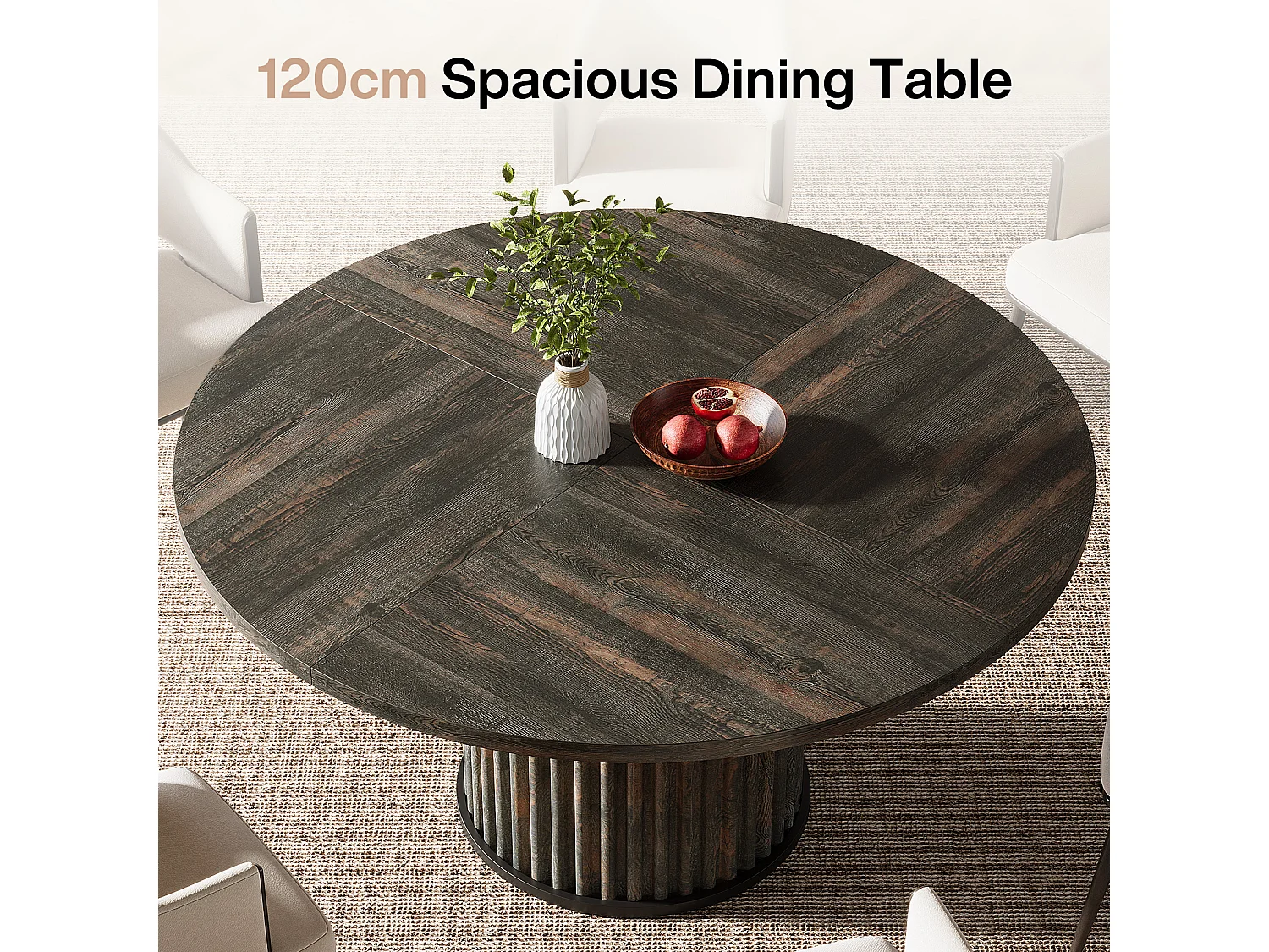 Table de salle à manger ronde pour 4 à 6 personnes, 120 cm, style moderne, avec piètement rond cannelé.