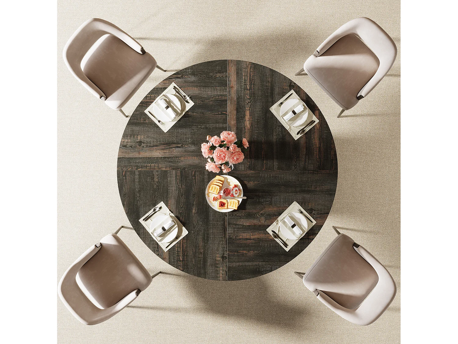 Table de salle à manger ronde pour 4 à 6 personnes, 120 cm, style moderne, avec piètement rond cannelé.