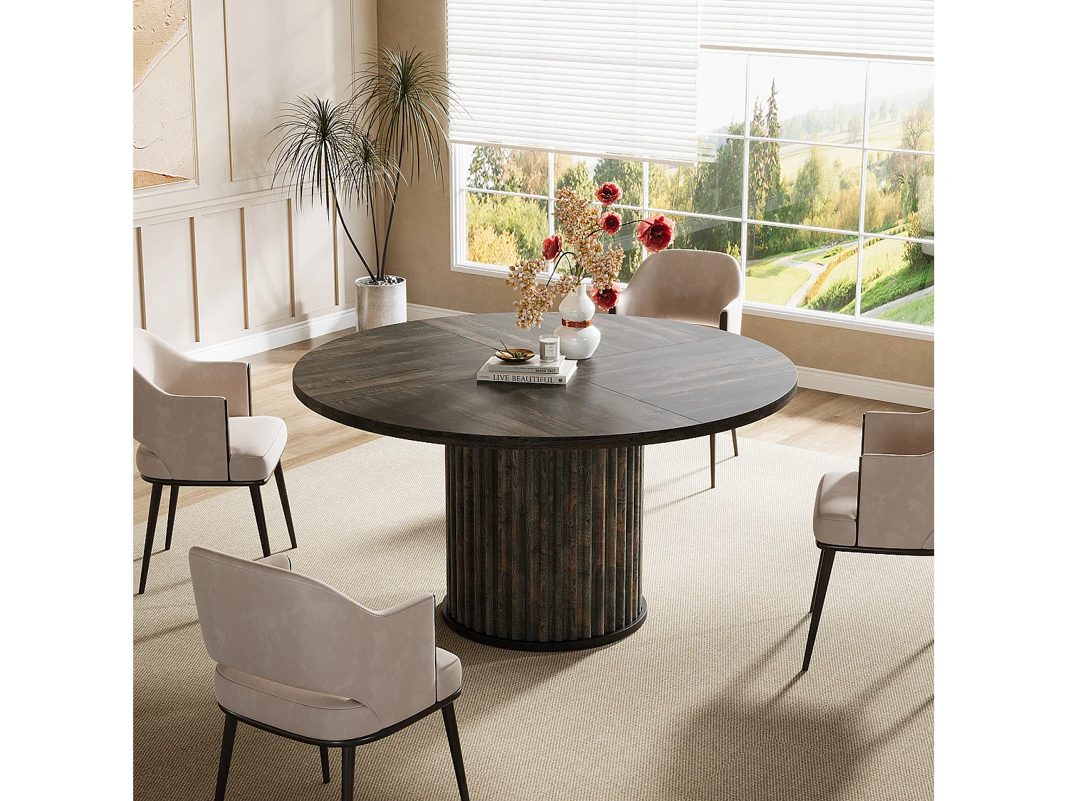Table de salle à manger ronde pour 4 à 6 personnes, 120 cm, style moderne, avec piètement rond cannelé.